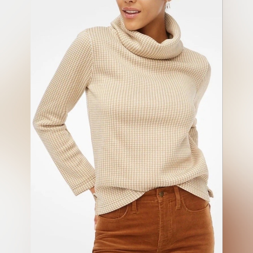 NWT J. Crew Tan / Cream Houndstooth Plaid Fleece Funnel Neck Pullover Sweater XS
